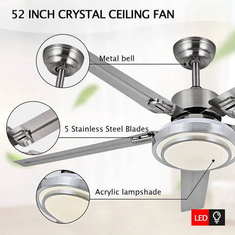 Ceiling Fan With Lights Remote Control And App, Modern Minimalist Smart Ceiling Fan, Six Speeds, Three Color Dimmable Light, Brushed Nickel 52 Inch Stainless Steel Five Blades, Ideal For Kitchen Garage Dining Room
