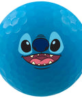 Blue golf ball with Stitch face, part of Vivid Holiday Disney Golf Ball Gift Set 4 Pack With Matte Finish For Maximum Visibility Dope Colors Soft Feel Limited Edition.