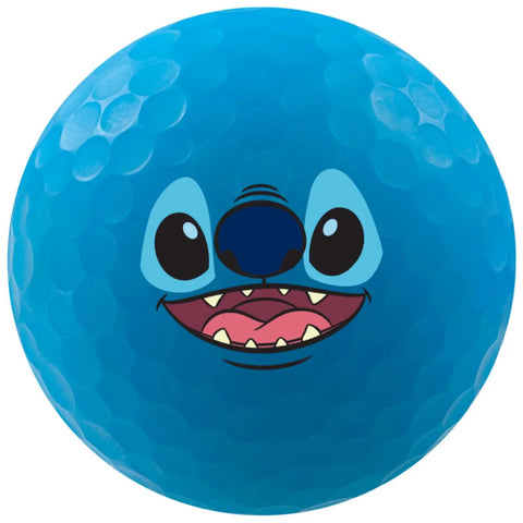 Blue golf ball with Stitch face, part of Vivid Holiday Disney Golf Ball Gift Set 4 Pack With Matte Finish For Maximum Visibility Dope Colors Soft Feel Limited Edition.