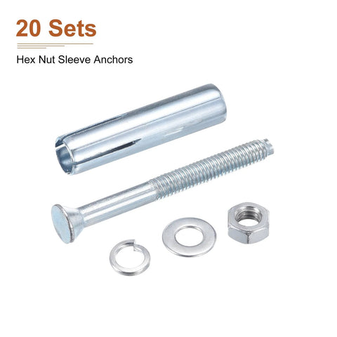 1/4 Inch Hex Nut Sleeve Anchors, 2-1/4 Inch Length, 20 Pack For Concrete Dry Brick And Block Walls, Carbon Steel Silver Finish