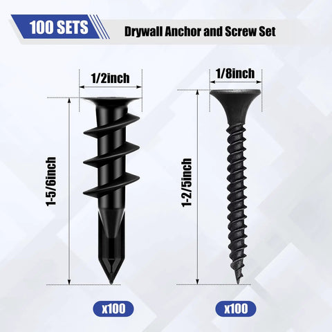 All In One Self Drilling Drywall Anchors And Screws Kit, 200 Pieces With Organizer Box, 100 Anchors And 100 Screws, sizes shown