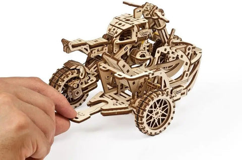 Scrambler UGR 10 Mechanical Model Kit With Working Rubber Band Motor Moving Pistons Belt Driven System 3D Puzzle Craft For Adults Totally Dope Hobby Build Classic Dual Sport Motorcycle Replica, wooden sidecar