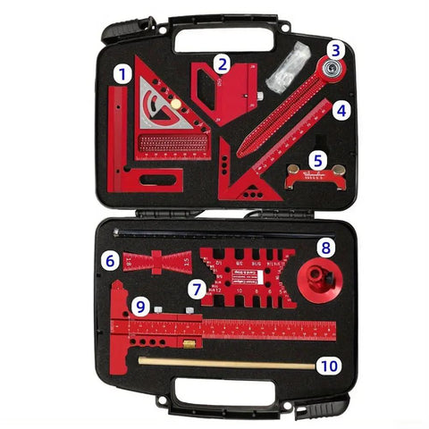 Pro Grade Woodworking Measuring And Scribing Tool Set With 9 Piece Precision Kit For Carpentry And DIY Projects Durable Aluminum Alloy Tools In A Handy Storage Box, displaying tools in a black case with red accents.