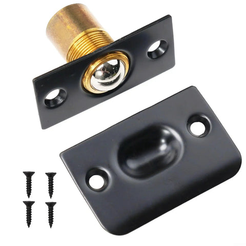 Solid Brass Roller Ball Door Catch Kit With Stainless Steel Roller, Adjustable Spring Latch, Strike Plate, Screws, Black Finish