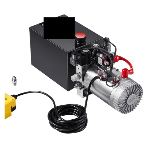 Built Tough 24V Hydraulic Power Unit With 5L Reservoir, showing pump, motor, and control, designed for lifting tasks.