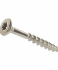 Built Different Stainless Steel Deck Screws Bugle Head Star Drive Partial Thread Bright Finish Tough As Nails Wood Fencing Composite Board Assembly Outdoor Project No Sweat Installation Heavy Duty Fasteners 50 Pack Size 12 By 4 Inch Type Seventeen Point close-up view of a stainless steel deck screw.