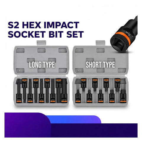 Solid Core S2 Steel 9 Piece Extended Hex Socket Bit Set For Impact Driver Fits Power Drill Rusted Bolts With Heavy Duty Grip And High Torque Performance For Serious DIY Jobs, long and short type cases
