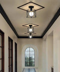 Three Retro Black Industrial Cage Ceiling Lights 2 Pack, Compact Semi Flush Mount Pendant Fixture With E27 Base in a hallway.
