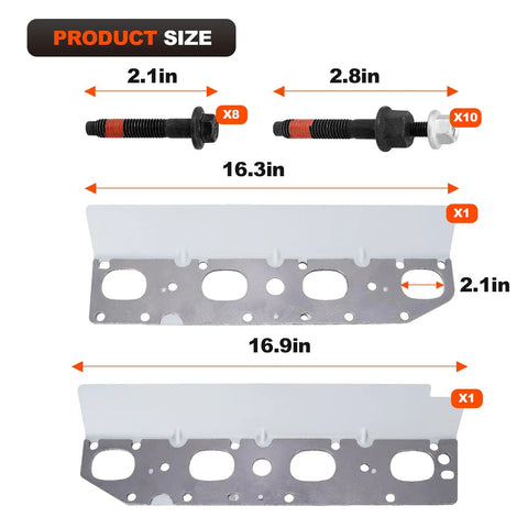 Premium Heavy Duty Exhaust Manifold Gasket Kit With Studs Bolts And Nuts For Dodge Ram Challenger Charger Durango 5 7 Hemi 2009 To 2020 dimensions and components.