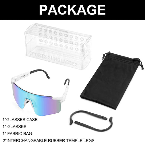 Go To Sport Sunglasses For Men And Women With UV400 Protection, shown with case, fabric bag, and spare temple arms.