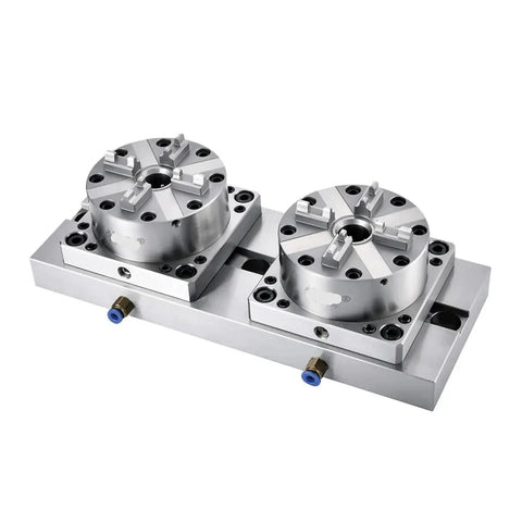 100mm Pneumatic Manual Chuck for EDM Spark Machines showing dual clamping setup on a metal base, ER-ready for precision electrode work.