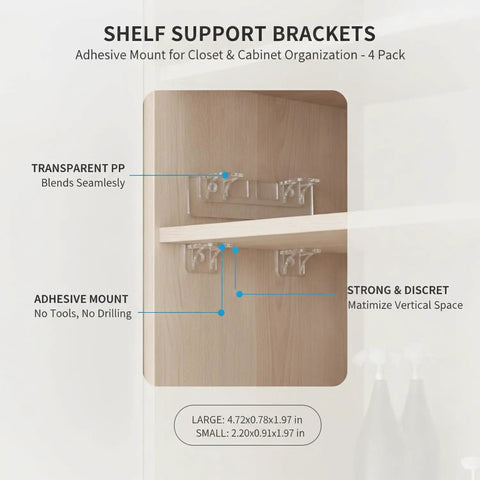 4 Pack Adhesive Mount Shelf Support Brackets Transparent PP Plastic For Closet Wardrobe Cabinet Organization Space Saver Multi Level Shelving Easy Install on wooden surface
