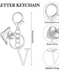 Custom Initial V Keychain In Stainless Steel Key Ring featuring V charm and heart design, perfect for bags and keys.