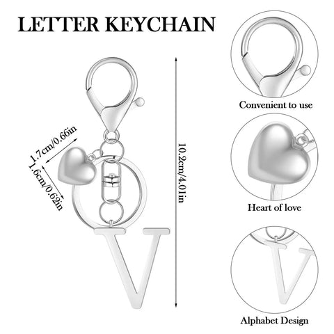 Custom Initial V Keychain In Stainless Steel Key Ring featuring V charm and heart design, perfect for bags and keys.
