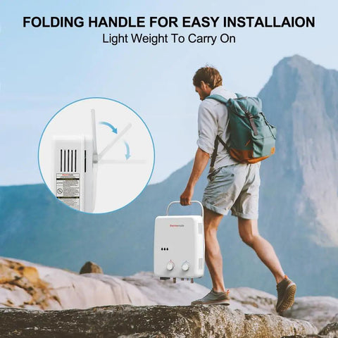 Man carrying Propane Tankless Water Heater For Outdoors On Demand Hot Water 1.32 GPM Portable Gas Heater For Camping RV Boat And Hiking 5L