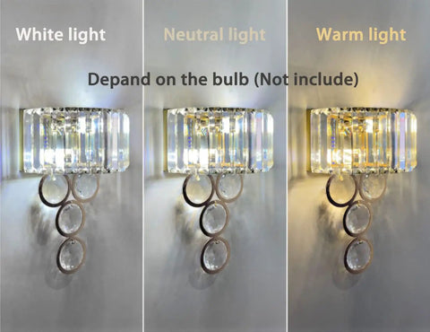 Gold Crystal Wall Sconce With Beveled Prisms Dimmable 2 Light Premium Vibe wall lighting in three light settings: white, neutral, warm.