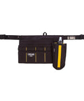 Boss Level Jobsite Utility Waist Pack Featuring Detachable Sixteen Oz Hydration Flask And Eight Rugged Tool Pouches Crafted For Tradesmen Needing Solid Gear Organization And Rapid Sip Access While Tackling The Daily Work Grind Serious in black with yellow accents.