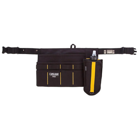 Boss Level Jobsite Utility Waist Pack Featuring Detachable Sixteen Oz Hydration Flask And Eight Rugged Tool Pouches Crafted For Tradesmen Needing Solid Gear Organization And Rapid Sip Access While Tackling The Daily Work Grind Serious in black with yellow accents.