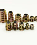 Heavy Duty Zinc Plated Hex Socket Cup Nuts For Wood And Drywall M6 M8 M10 Threaded Inserts showcasing various sizes and shapes in a pack.