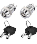 12mm Two Position Key Locking Push Button Switch With Two Keys ON OFF Contacts Silver Tone AC 250V 0.5A Rating Locking Button, two views