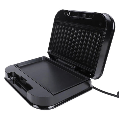 Top Rack Electric Panini Press Maker 750 Watt Indoor Grill For Home Cooked Steaks Burgers Breakfasts With Non Stick Aluminum Plate And Stainless Steel Build 9.3 x 5.1 Inches US Plug Easy Clean Design open black unit with nonstick grilling surface.