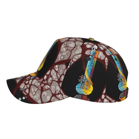Side view of Conveyor Belt Print Curved Brim Baseball Cap For Golf And Baseball Training, Breathable Polyester, Lightweight Black Hat
