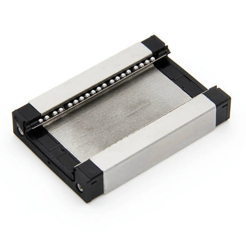 Close-up of carriage component from 24mm Linear Rail Guide Set for 3D Printers and CNC Machines, 440C Stainless Steel Bearings