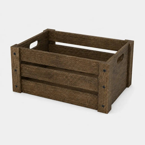 Three Pack Extra Large Rustic Wooden Crates For Display And Storage Farmhouse Style Nesting Boxes with handles in dark wood.