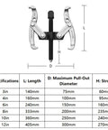 Heavy Duty 2 Jaw Gear Puller Adjustable Bearing Separator Tool For Wheel Hub Removal Forged From Solid Steel, showing dimensions and specifications.
