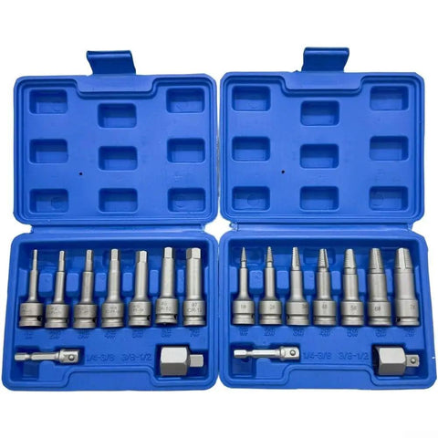 Top Shelf Broken Screw Extractor Set With Hex Socket Removal Tools For Stripped Bolts And Damaged Fasteners Perfect Auto Repair Kit In Metal Case Tough As Nails, blue metal case open