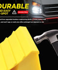Close-up of Heavy Duty Wheel Chocks 2 Pack For Trailers And RVs Non Slip Triangular Tire Blocks with hammer demonstrating durability.