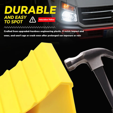 Close-up of Heavy Duty Wheel Chocks 2 Pack For Trailers And RVs Non Slip Triangular Tire Blocks with hammer demonstrating durability.