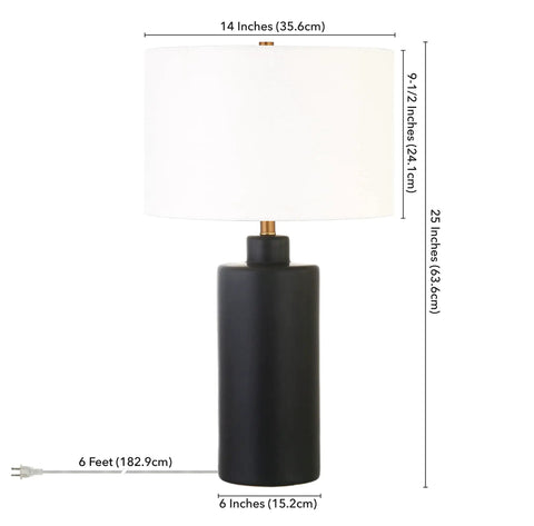 25 Inch Tall Ceramic Table Lamp With Fabric Shade In Matte Black And White For Console Or Nightstand with dimensions shown
