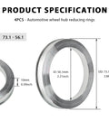 4 Piece Hub Centric Rings 56 Mm To 73 Mm Wheel Center Bore Spacers detailed specifications showing inner and outer diameters.