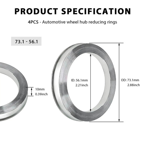 4 Piece Hub Centric Rings 56 Mm To 73 Mm Wheel Center Bore Spacers detailed specifications showing inner and outer diameters.