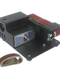 Compact Mini Electric Belt Sander With Multifunctional Polishing, Grinding, And Knife Sharpening Capabilities Perfect For Desktop Diy Projects Edging Tools And Detailed Metal Wood Work Easily Handle Various Tasks In Small Spaces, showing top view and sanding belt.
