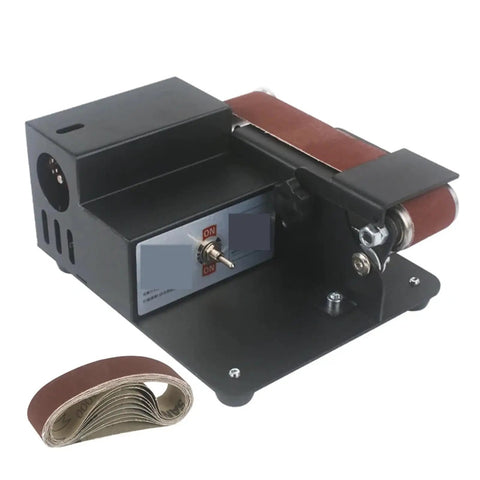 Compact Mini Electric Belt Sander With Multifunctional Polishing, Grinding, And Knife Sharpening Capabilities Perfect For Desktop Diy Projects Edging Tools And Detailed Metal Wood Work Easily Handle Various Tasks In Small Spaces, showing top view and sanding belt.