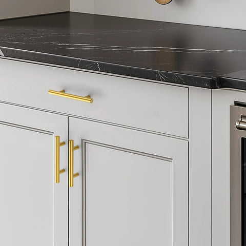 Brushed Stainless Steel Cabinet Handles With 3 Inch Center To Center Hole Spacing installed on kitchen cabinets