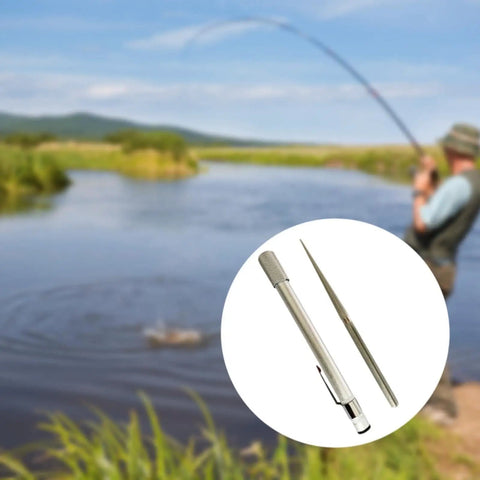 Dope Diamond Sharpening Rod And Stone Pen Sharpener Tool, retractable, compact, silver, shown in outdoor fishing setting.