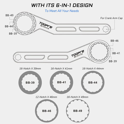 Diagram of Six In One Bike Bottom Bracket Tool for 12 and 16 Notch External Cups 39 41 44 46 49 mm with long lever