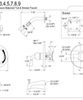 Technical drawing of Magellan Single-Handle Pressure Balanced Tub and Shower Faucet in Polished Brass, Wall Mount Design