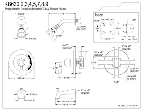 Technical drawing of Magellan Single-Handle Pressure Balanced Tub and Shower Faucet in Polished Brass, Wall Mount Design