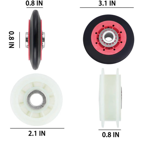 Dimensional view of components in Dryer Idler Pulley Kit And Drum Roller Repair Pack With Belt For Front Load Dryers DIY Friendly