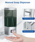 Robust Wall Mount Manual Soap Dispenser 17 Oz Large Capacity refillable pump dispensing soap with sleek chrome finish.