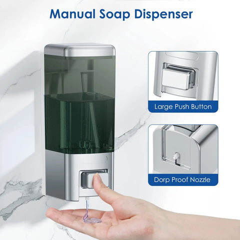 Robust Wall Mount Manual Soap Dispenser 17 Oz Large Capacity refillable pump dispensing soap with sleek chrome finish.