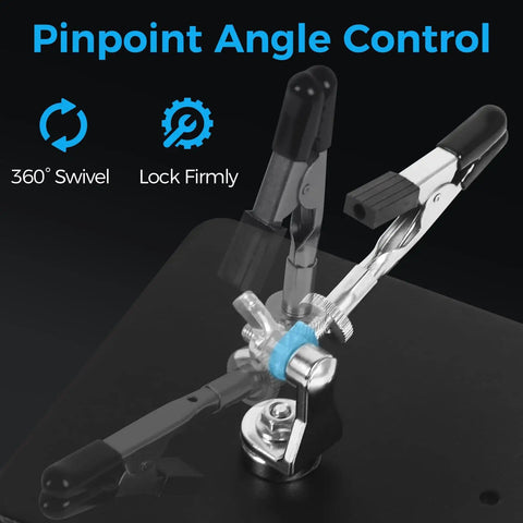 Helping Hands Soldering Station With Rock Solid 3.9 Inch Base showing 360° swivel with flexible magnetic arms for precise positioning.