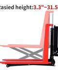 Heavy Duty Semi Electric Pallet Jack With Scissor Lift And 3300 Lbs Capacity For Easy Warehouse Moves Plus Charger Included showing raised height adjustment from 3.3" to 31.5".