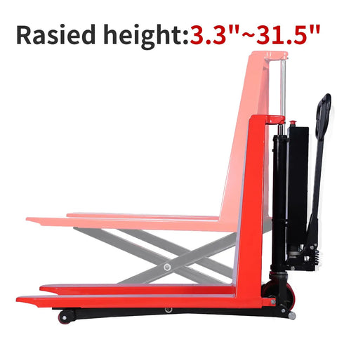 Heavy Duty Semi Electric Pallet Jack With Scissor Lift And 3300 Lbs Capacity For Easy Warehouse Moves Plus Charger Included showing raised height adjustment from 3.3" to 31.5".