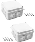 Weatherproof IP65 Junction Box 4 By 4 By 2.8 Inches ABS Plastic 2 Pack Surface Mount Enclosures shown with mounting screws
