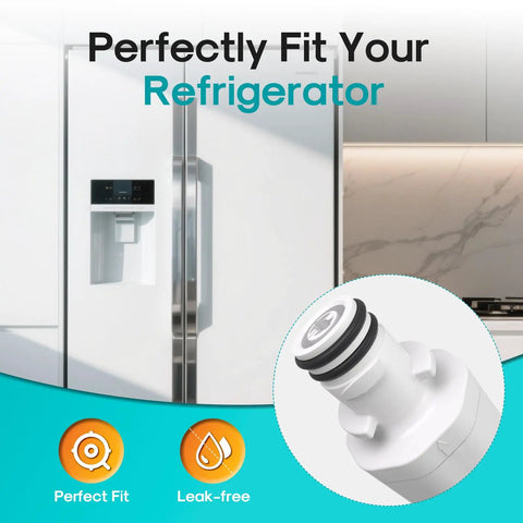 Close-up of Three Pack NSF 401 Certified Refrigerator Water Filter And LT120F Air Filter Replacement with refrigerator background